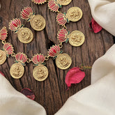 Vriksham Unique Gold Look Alike Lotus With Lakshmi Coin Short Neckpiece-G18936